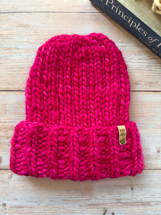 Hand Knit Merino Wool Beanie Hot Hot Pink