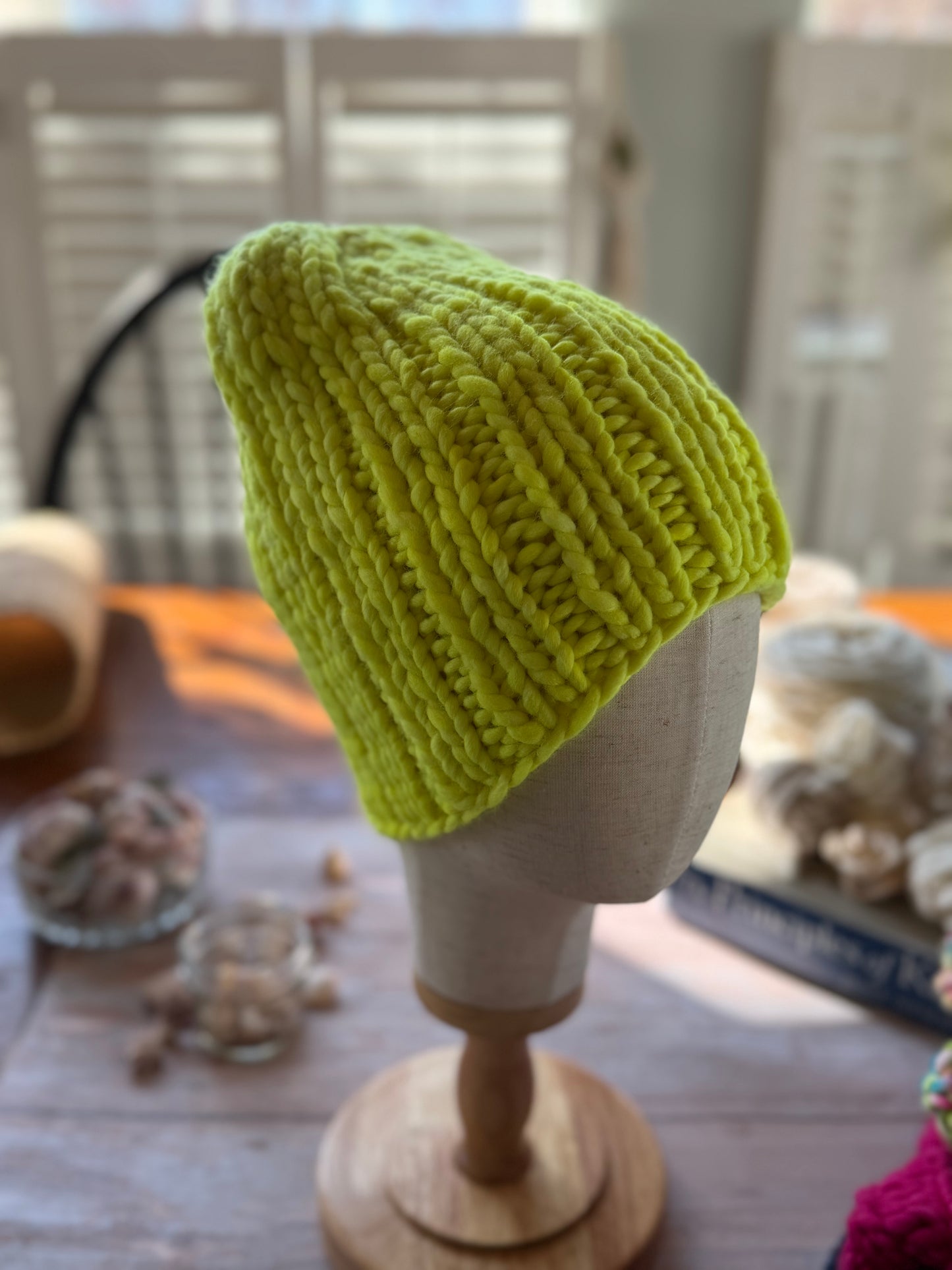 Hand Knit Merino Wool Beanie Neon