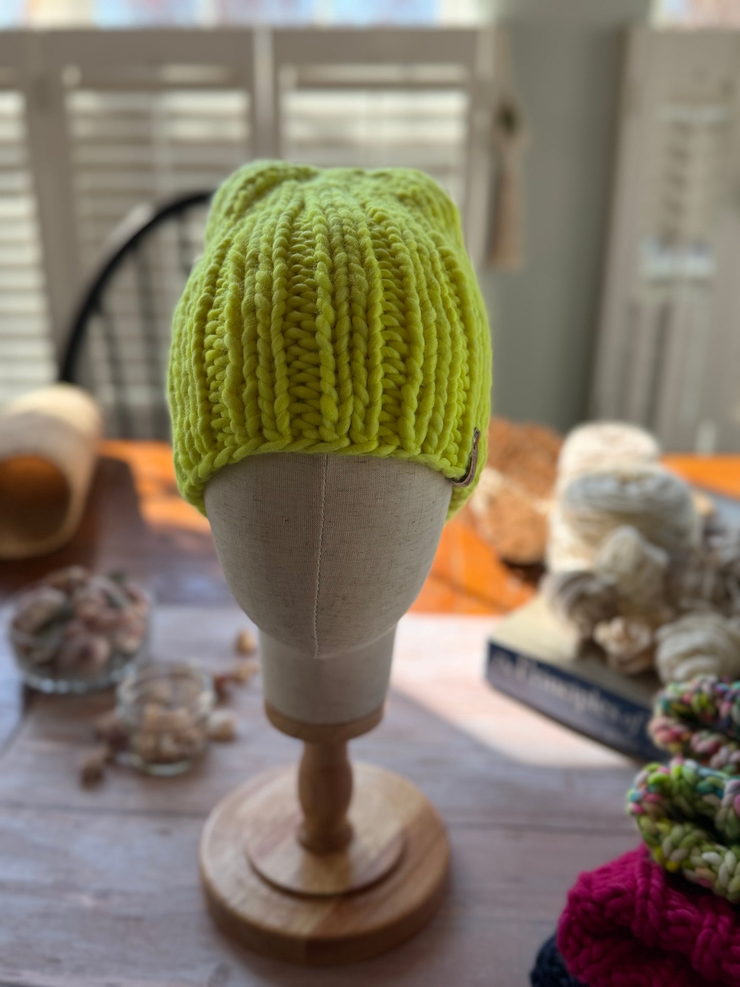 Hand Knit Merino Wool Beanie Neon