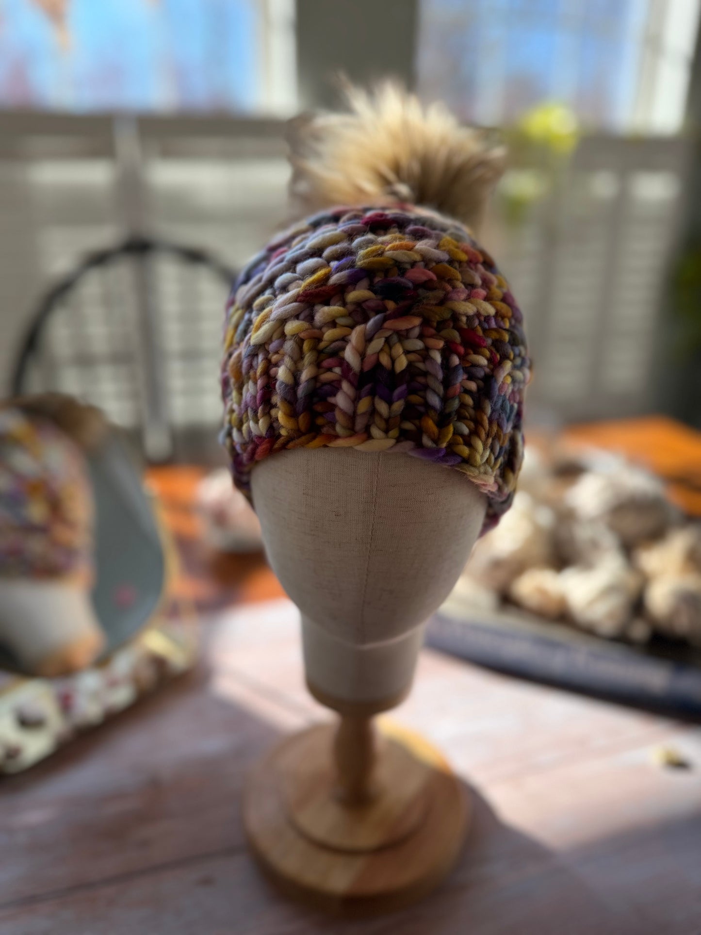 Hand Knit Merino Wool Chunky Beanie with Gold Pom Pom