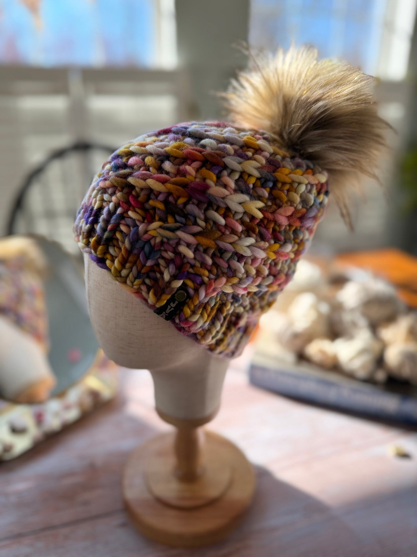 Hand Knit Merino Wool Chunky Beanie with Gold Pom Pom