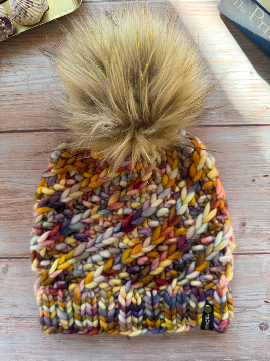 Hand Knit Merino Wool Chunky Beanie with Gold Pom Pom