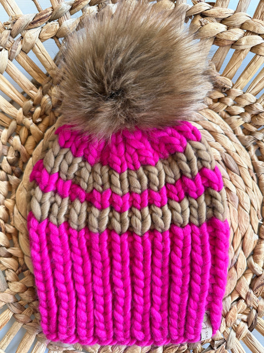 Chunky Knit Striped Wool Hat- HOT HOT PINK