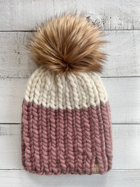 Color Block Beanie- DUSTY PINK/IVORY Ready to Ship