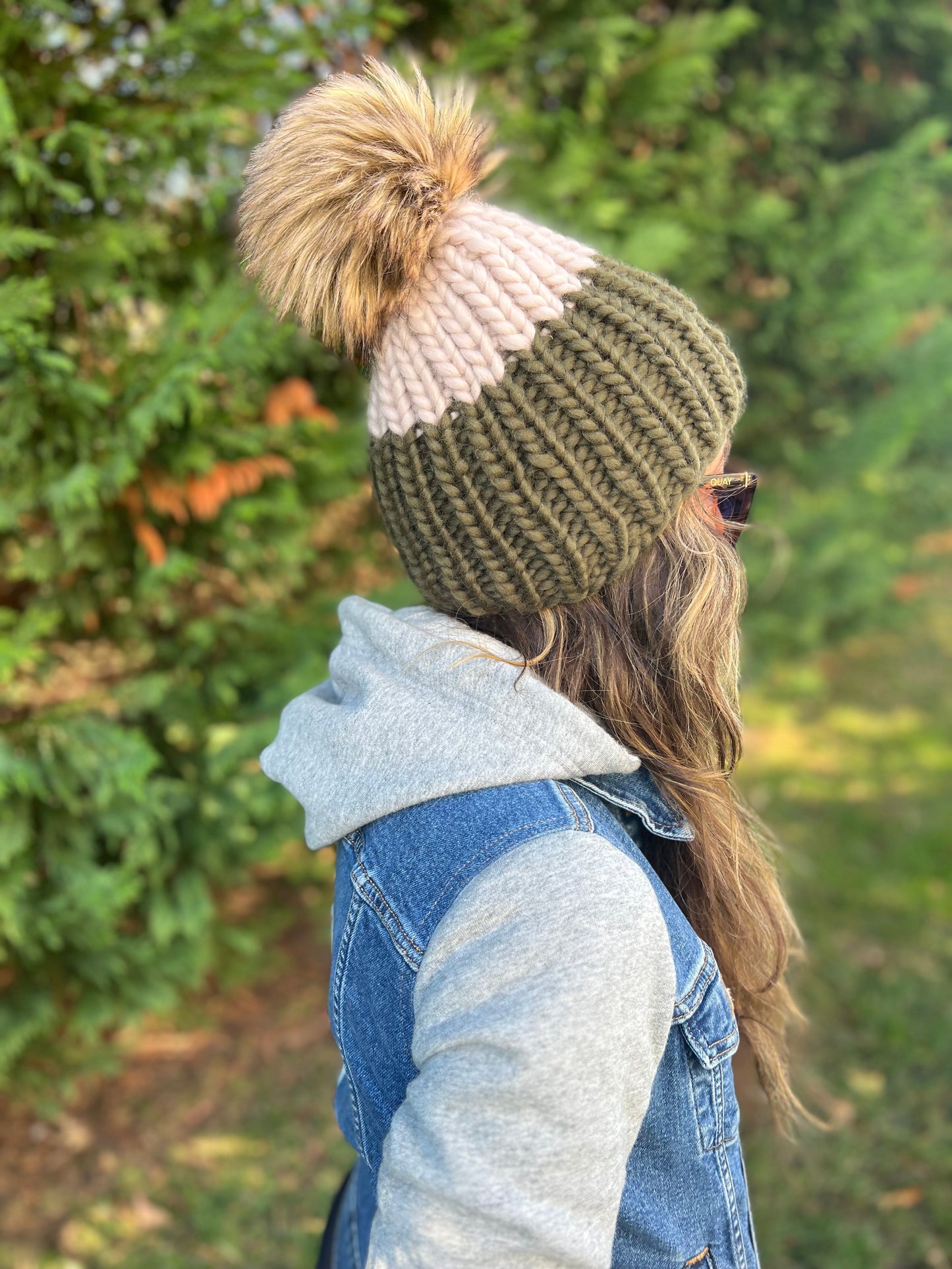 Color Block Beanie- BRONZED OLIVE/IVORY Ready to Ship