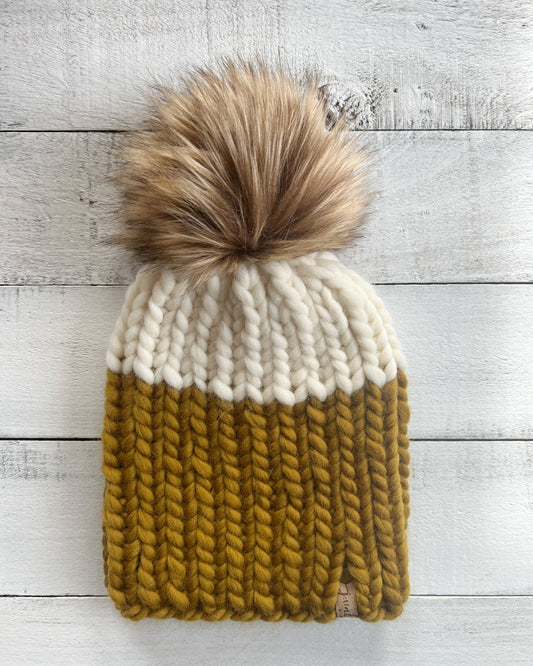 Color Block Beanie- BRONZED OLIVE/IVORY Ready to Ship